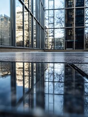 Aufkleber - Modern interior scene depicting sleek glass architecture with stunning reflections and light play : Generative AI