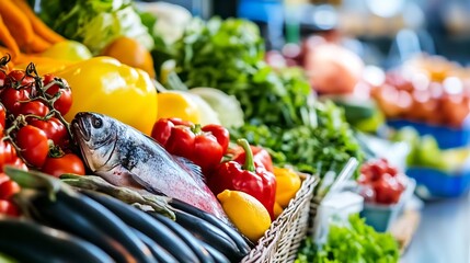 Poster - Colorful assortment of fresh vegetables and fish in a lively market setting filled with health : Generative AI