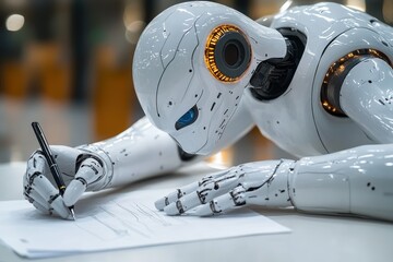Poster - Advanced robot writes notes on a sheet of paper in a modern work environment