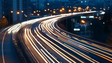 Poster - A long exposure capture of moving city lights creates a vibrant glow along a winding urban road at night : Generative AI