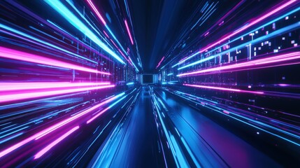 Fototapete - Vibrant neon lights create a futuristic tunnel effect conveying movement and energy in a digital landscape