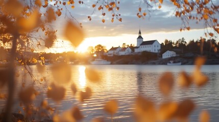Poster - Serene sunset view of a calm lake surrounded by picturesque autumn foliage and a charming church : Generative AI