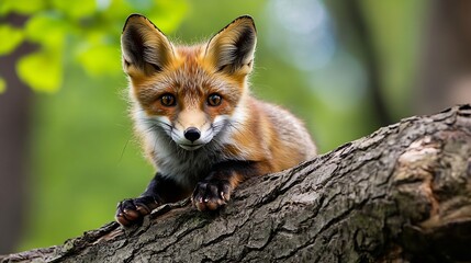 Poster - A curious red fox perched on a tree branch enjoying a sunny day in the forest : Generative AI
