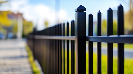 Aufkleber - Closeup view of a modern black fence with pointed tips and vibrant green grass in the background : Generative AI