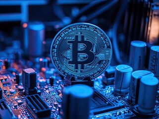 Poster - Bitcoin is the most popular cryptocurrency, often found on personal computer components. With blue neon lighting, mining operations resemble scenes from a crypto farm, showcasing new financial and