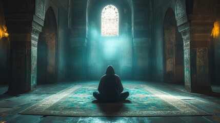 Poster - In an ethereal mosque, a solitary figure sits cross-legged on a richly patterned rug, immersed in prayer