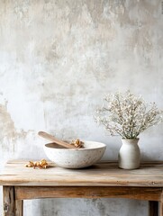 Leinwandbilder - Rustic Wooden Table with Simple Bowl and Delicate Flower Vase for Modern Home Decor : Generative AI
