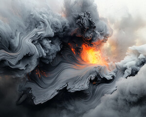Poster - An explosive burst of swirling dark and light smoke with an orange glow, showcasing the raw power of fire and chaos. The image symbolizes intensity and energy.