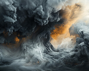 Poster - A swirling storm of dark and light smoke with orange highlights, representing chaos, power, and energy. The image symbolizes the raw force of nature and intense motion.