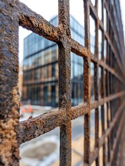 Aufkleber - Rusty metal grid juxtaposed with modern architecture showcasing contrast in urban design : Generative AI