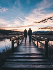 Poster - Couple walking on a wooden dock during sunset by a tranquil lake in a serene landscape. Generative AI