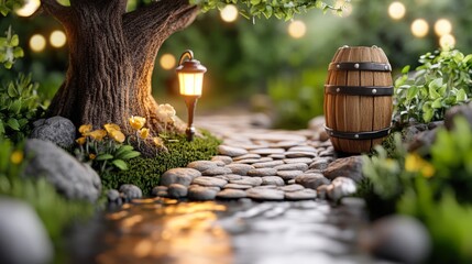 Canvas Print - A serene garden scene featuring a tree, wooden barrel, and a glowing lamp beside a cobblestone path with wildflowers and lush greenery, Ideal for nature-themed projects, illustrations