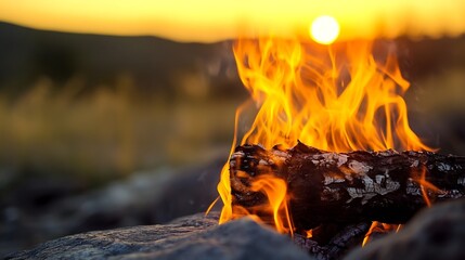 Fototapete - Captivating closeup of a burning log showcasing vibrant flames against a stunning sunset background : Generative AI