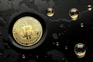Poster - Bitcoins, a money virtual currency set against a golden background. A golden bitcoin coin symbolizing blockchain technology for crypto currency. Concept of future digital money currency