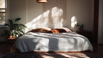 Wall Mural - Bohemian 70s inspired bedroom with macram wall hanging and natural textures in soft, warm light