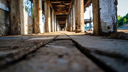 Poster - Perspective view of weathered wooden planks beneath old industrial structure : Generative AI