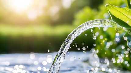 Fototapete - Refreshing closeup of water splashing from a clear stream surrounded by bright green leaves : Generative AI