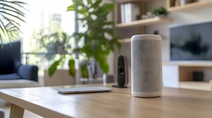 Leinwandbilder - Modern minimalist living room with smart speaker and stylish furniture reflecting contemporary design : Generative AI