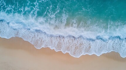 Leinwandbilder - Stunning aerial view of ocean waves crashing onto the sandy beach creating a vibrant seaside landscape : Generative AI