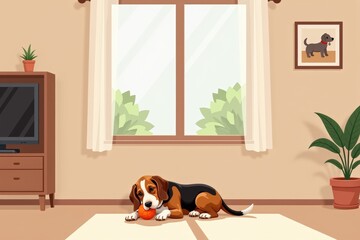 Wall Mural - Dog lying with ball in cozy living room featuring plants and a television. Concept explores comfort and playfulness of pets in home environments.