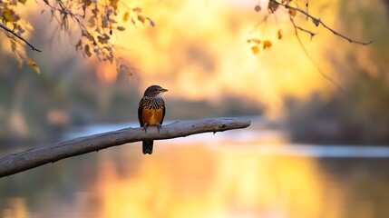 Aufkleber - Serene view of a bird perched on a branch surrounded by soft autumn colors creating a tranquil natural scene : Generative AI