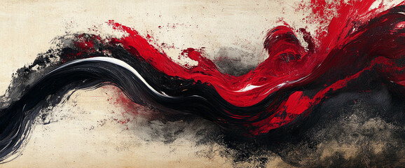 Aufkleber - Abstract black, white, and red paint strokes on a beige canvas, symbolizing bold contrast, movement, and artistic expression with dynamic splashes of color.