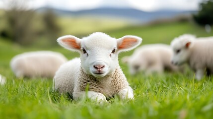 Poster - Adorable young lamb lounging in a green meadow surrounded by playful siblings in a pastoral setting : Generative AI