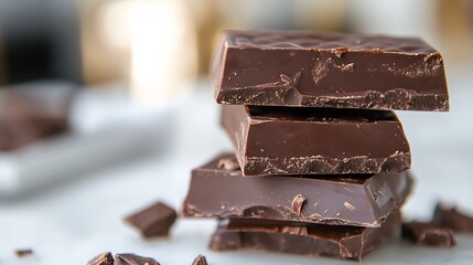 Poster - Delicious gourmet dark chocolate bars stacked neatly on a marble surface : Generative AI