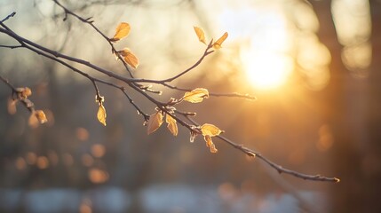 Poster - Illuminated Branch with Autumn Leaves and Soft Sunlight Filtering Through Trees : Generative AI