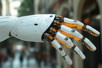 Poster - Robotic hand showcasing intricate design in a modern urban setting during daytime exploration