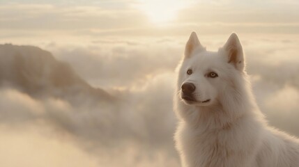 Poster - Majestic white dog portrait against a golden sunset with mountains in the background : Generative AI