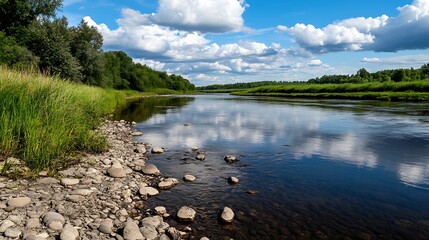 Fototapete - Serene river landscape view with rocks and lush greenery under blue sky and fluffy clouds : Generative AI