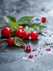 Aufkleber - Fresh Ripe Red Berries Glistening with Water Droplets on a Stone Surface : Generative AI