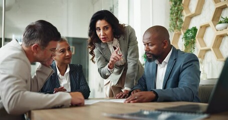 Poster - Review, manager and business people on laptop for accounting research and financial report. Budget plan, feedback and professional accountant in meeting for finance career, online update or teamwork