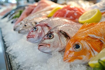Aufkleber - Fresh seafood display featuring various fish on ice at a local market in the early morning hours. Generative AI