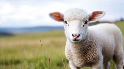 Poster - Adorable Young Lamb Exploring a Verdant Field with a Soft Expression and Fluffy Wool Coat : Generative AI