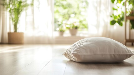 Aufkleber - Soft pillow resting on light wooden floor against a bright sunny window and green plants : Generative AI