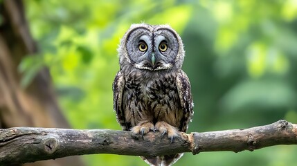 Poster - Majestic owl perched on a branch with vibrant green foliage in the background showcasing its beauty : Generative AI