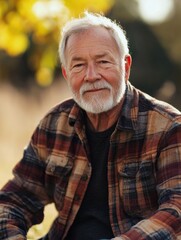 Aufkleber - Senior man with gray beard sitting outdoors in plaid shirt enjoying a sunny day in the park during autumn. Generative AI
