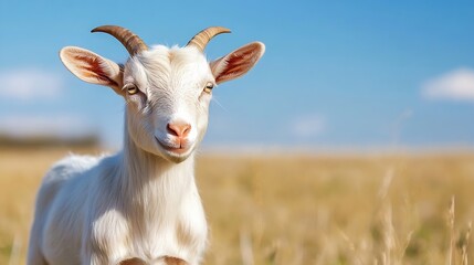 Poster - Cheerful goat enjoying a sunny day on a farm with clear blue sky and green grass in the background : Generative AI