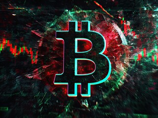 Poster - A 3D rendered cryptocurrency coin set against a colorful backdrop, embodying the concept of crypto art through vibrant hues  Cryptocurrency coin illustrated in 3D on a lively, colorful background