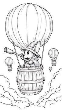 Whimsical Black-and-White Line Art Illustration of an Adventurer Mouse in a Barrel Air Balloon with a Telescope – Fantasy Storybook Scene