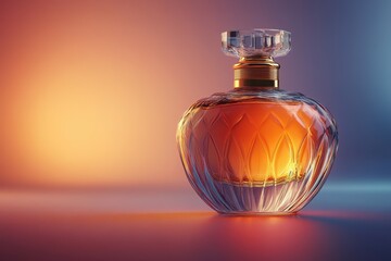Poster - Elegant crystal perfume bottle reflecting warm hues against a gradient background