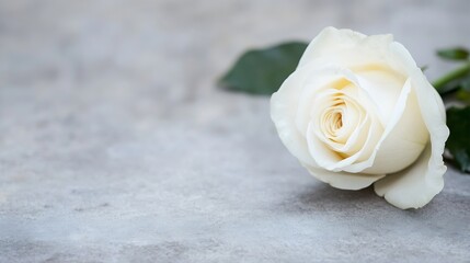 Poster - Delicate white rose placed elegantly on a textured gray surface in soft light : Generative AI