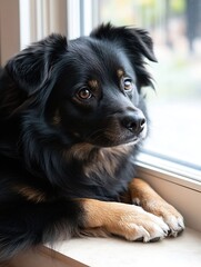 Poster - Close up portrait of a fluffy black and brown dog resting at a window with bright soft lighting : Generative AI