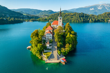 Wall Mural - Bled lake in Slovenia. Aerial view of the famous island with a historic Church