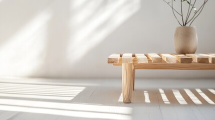 Poster - Minimalist wooden shelf casting shadows with flower vase in serene interior decor : Generative AI