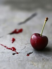 Poster - Single ripe cherry with drops of water on a textured surface beside spilled juice : Generative AI