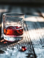 Aufkleber - Closeup shot of a whiskey glass filled with a vibrant red drink on rustic wooden table : Generative AI