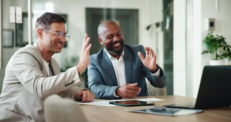 Poster - Laughing, wave and video call for business people, meeting and happy for feedback in office and online. Digital, greeting and funny joke for virtual conference with laptop, smile and accountant